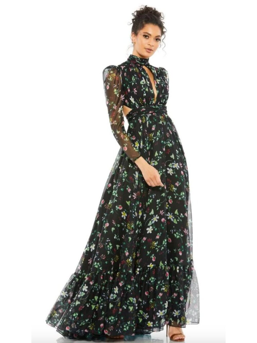 Mac Duggal 67942 Boho Cut Out Maxi Gown Dress Prom Womens Black Floral Size 0